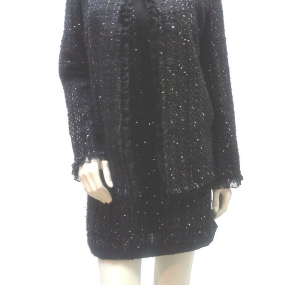 Black Shimmer Tweed Suit Shift Dress Blazer Set Chiffon Ruffle Trim Size 6 Small - Picture 2 of 2